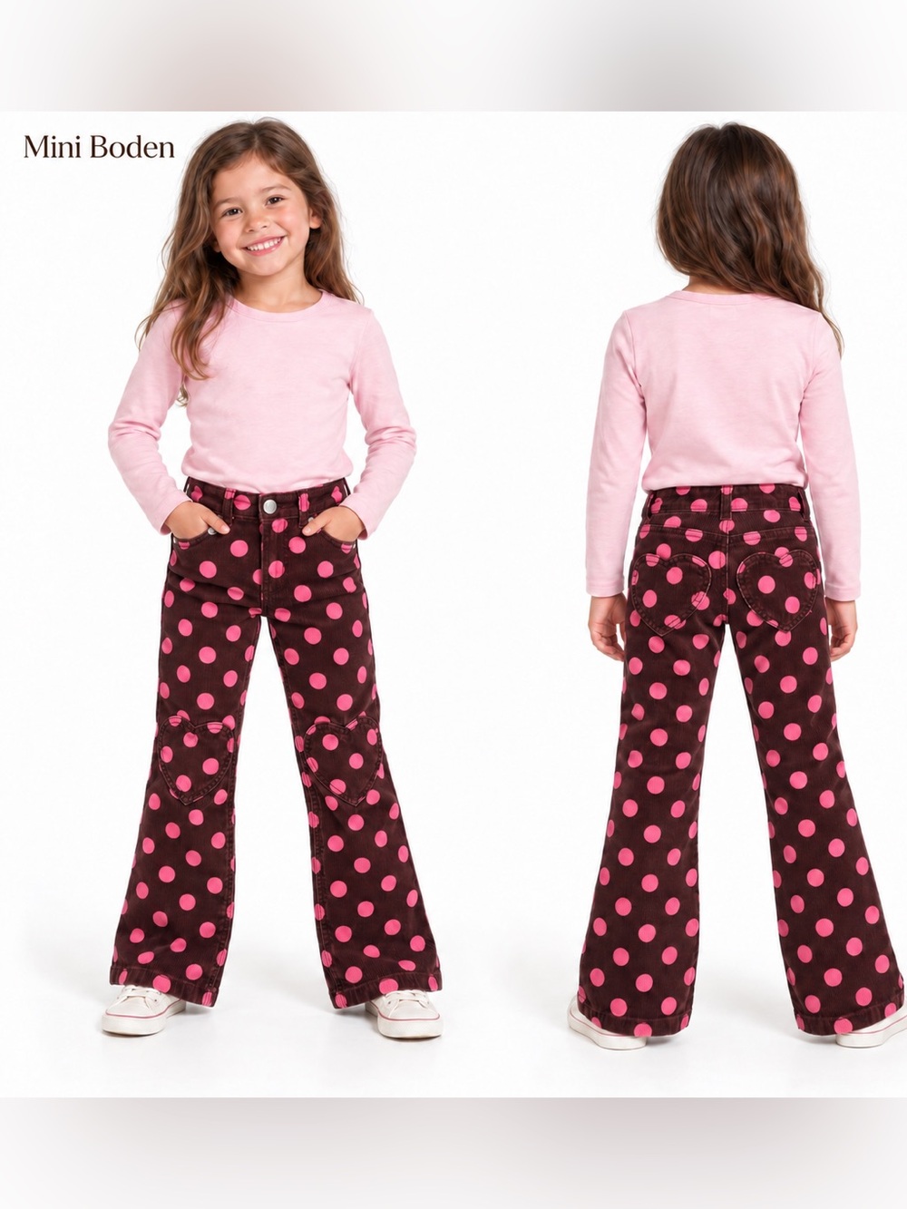 Mini Boden Brown Pink Polka Dot Corduroy Heart Patch Flare Pants 6Y